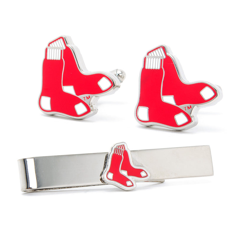 Boston Red Sox MLB logo cufflinks and tie bar gift set in a stadium-themed presentation box.
