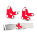 Boston Red Sox MLB logo cufflinks and tie bar gift set in a stadium-themed presentation box.