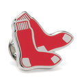 Close up of an official Boston Red Sox lapel pin featuring red enamel socks on a silver-tone metal base attached to a grey suit lapel.