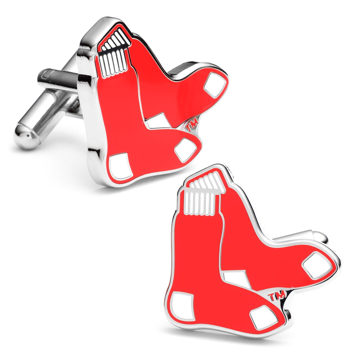 A pair of silver tone cufflinks shaped like the Boston Red Sox logo with vibrant red enamel detailing and bullet backings.