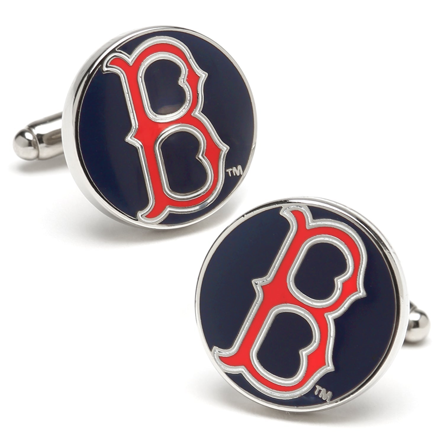 A pair of round Boston Red Sox cufflinks featuring a red B logo on a navy enamel background with a silver-tone finish.