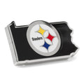 Pittsburgh Steelers logo lapel pin in the shape of Pennsylvania, rendered in black, yellow, red, blue, and white enamel on plated metal.
