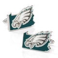 A pair of silver-tone Philadelphia Eagles state-shaped cufflinks with team logo and teal enamel detail.