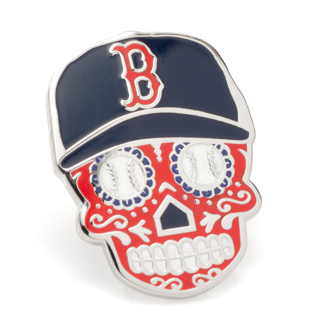 Boston Red Sox Sugar Skull lapel pin with team logo cap, red and white floral details, and clutch-back closure.