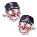 Boston Red Sox sugar skull cufflinks featuring a blue hat with the team logo and colorful red and white enamel detailing.