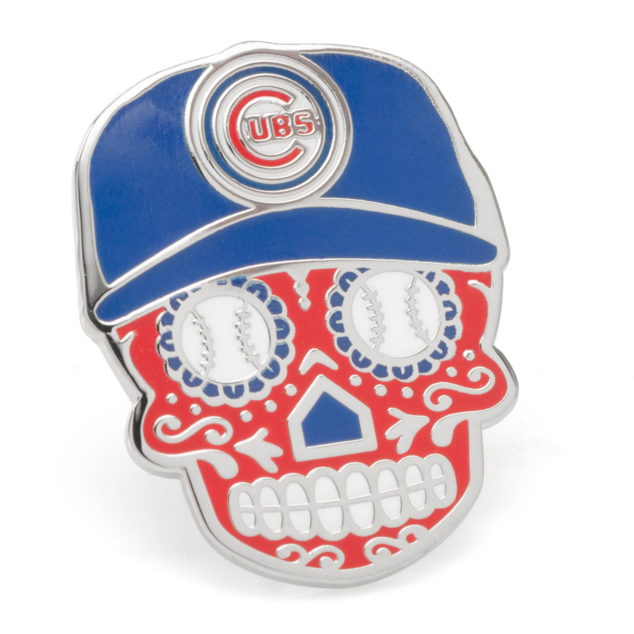 Chicago Cubs sugar skull lapel pin with blue hat and baseball eyes.