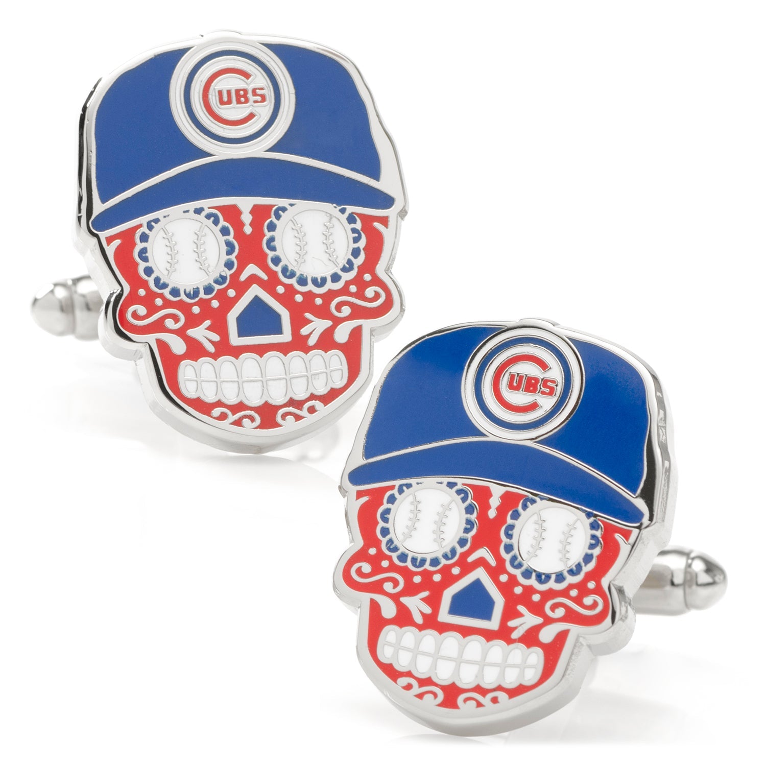 A pair of Chicago Cubs sugar skull themed cufflinks with official team logos on the skull caps.