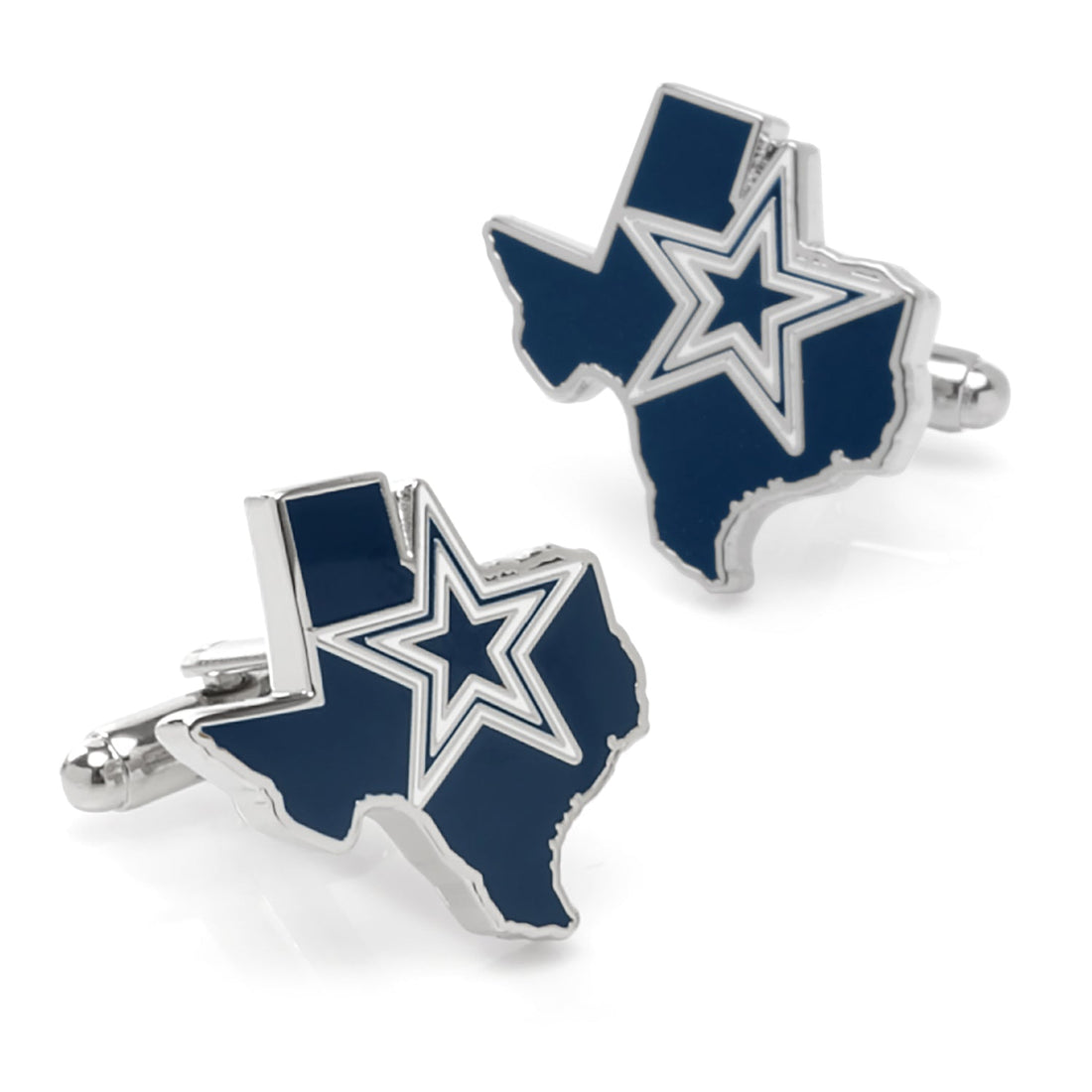 A pair of Dallas Cowboys Texas state-shaped cufflinks in silver tone and navy enamel.