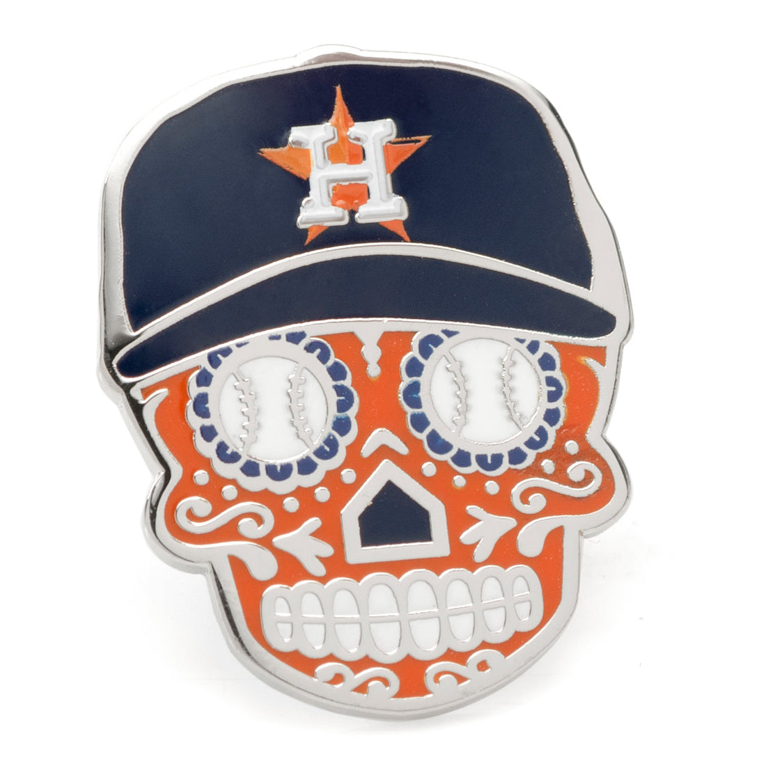 Close up of a Houston Astros baseball sugar skull lapel pin with navy blue and orange details.