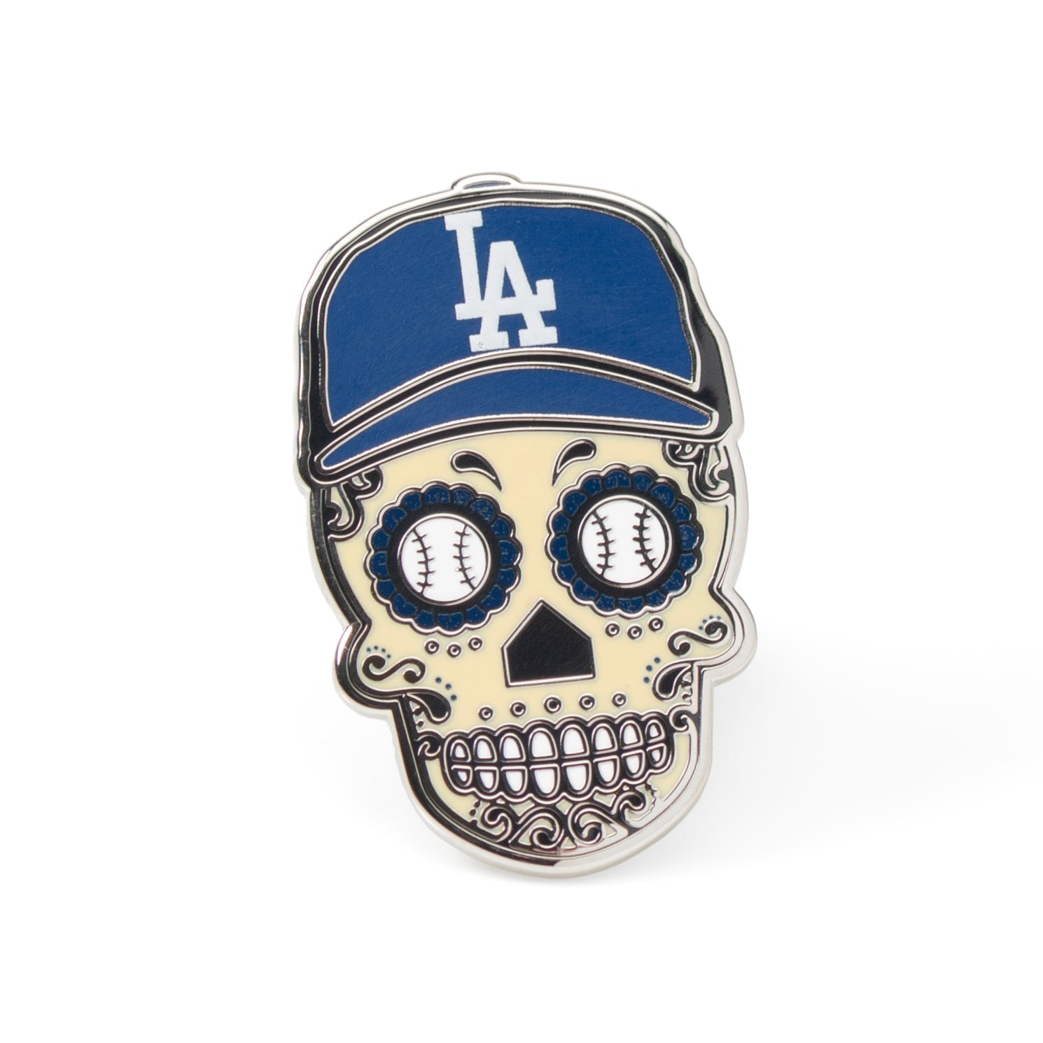 LA Dodgers Sugar Skull lapel pin featuring the team logo on a baseball cap, displayed on a navy blue jacket lapel.