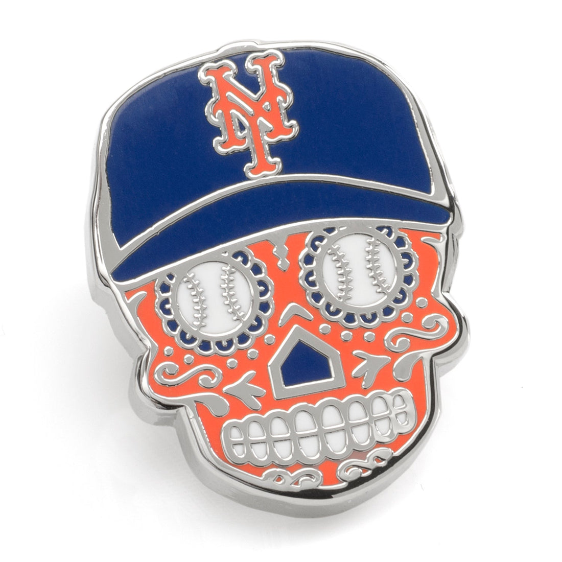 New York Mets baseball sugar skull themed enamel lapel pin with bullet backing