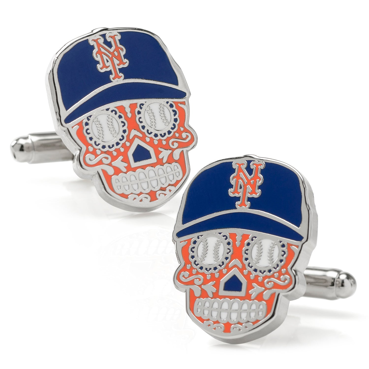 A pair of silver-toned New York Mets sugar skull cufflinks with blue and orange enamel details on a white background.