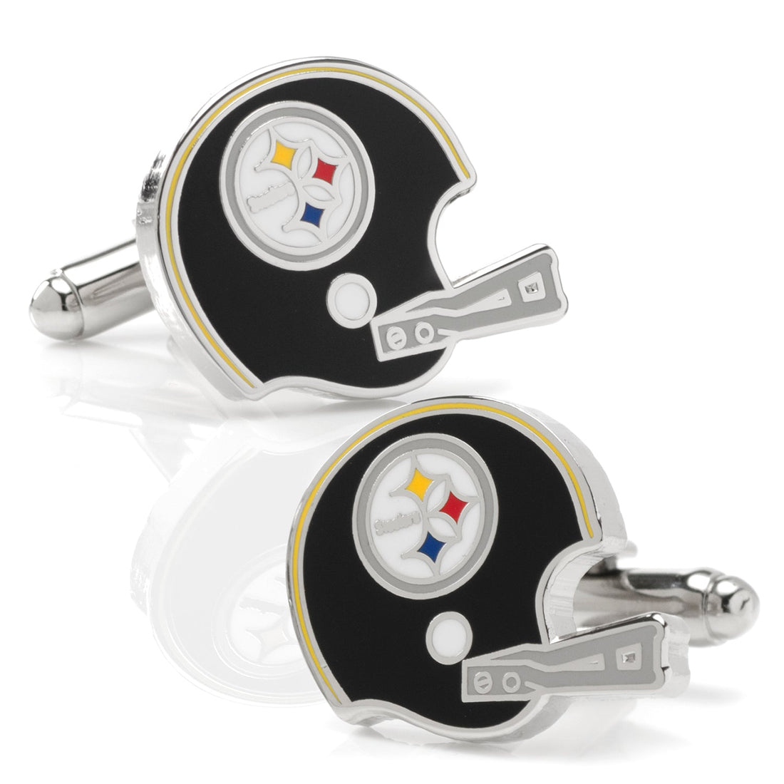 Pittsburgh Steelers retro-style NFL helmet cufflinks featuring black enamel and silver-tone metal.
