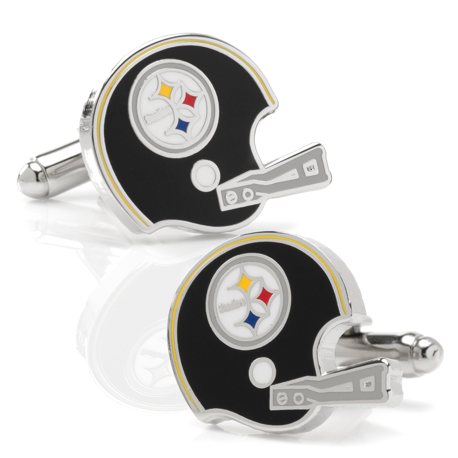 Pittsburgh Steelers retro-style NFL helmet cufflinks featuring black enamel and silver-tone metal.