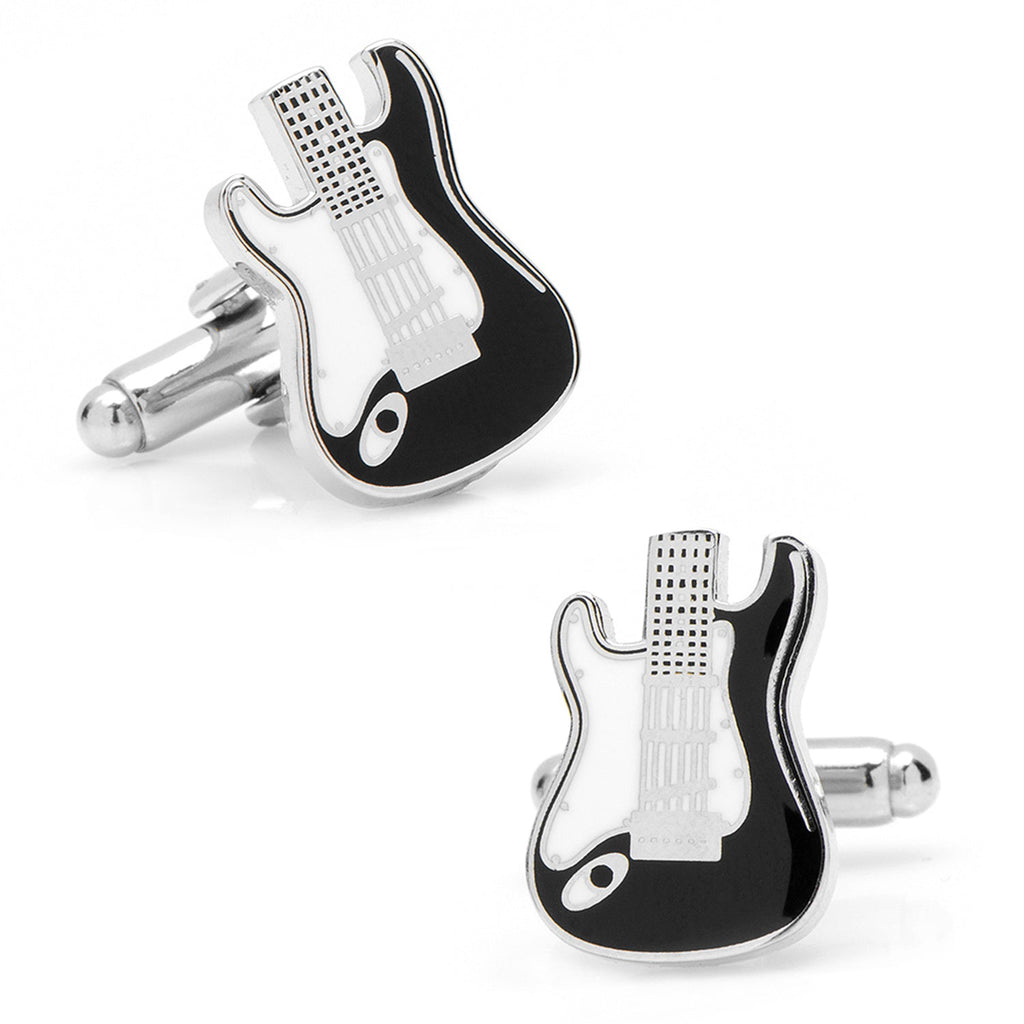A pair of black and white enamel electric guitar-shaped cufflinks with a polished silver finish.