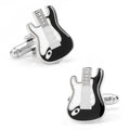 A pair of black and white enamel electric guitar-shaped cufflinks with a polished silver finish.