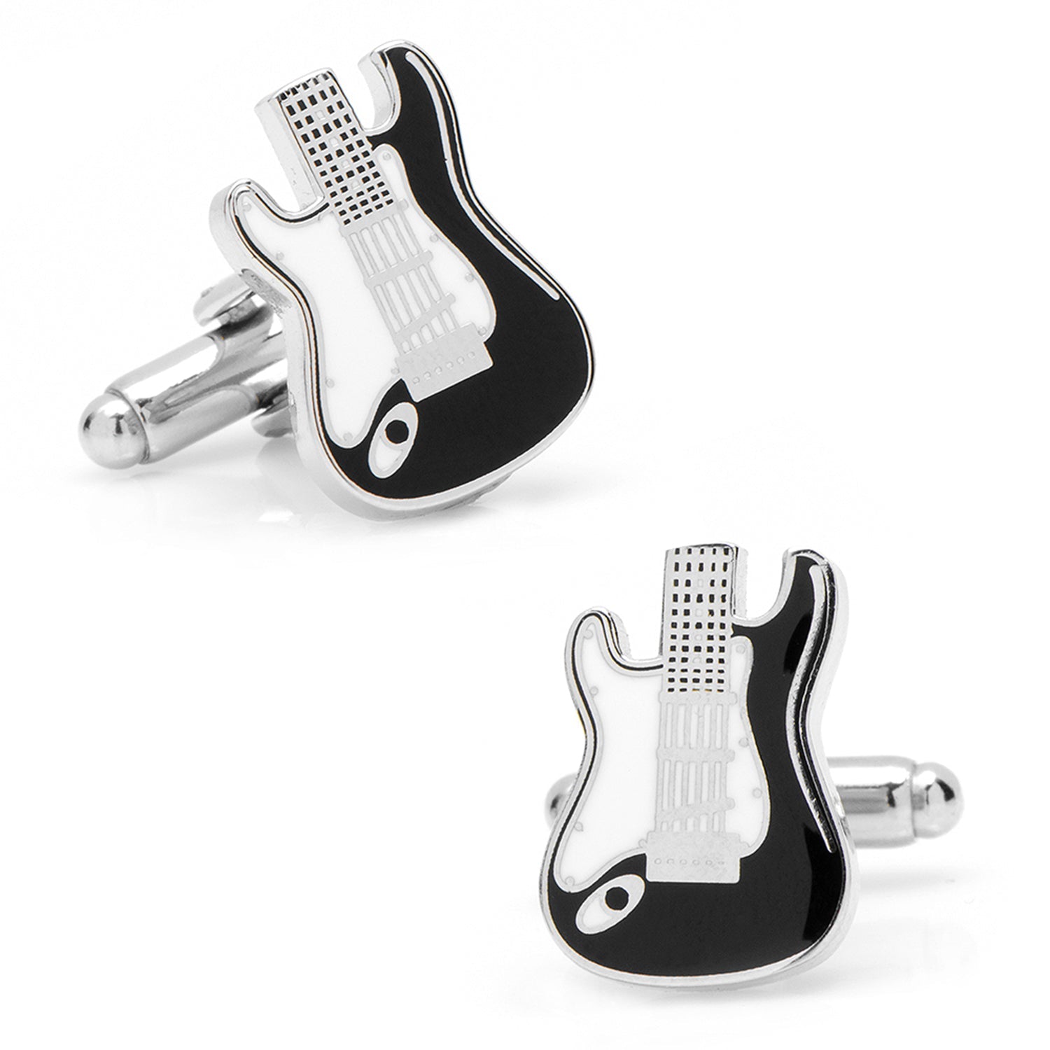 A pair of black and white enamel electric guitar-shaped cufflinks with a polished silver finish.
