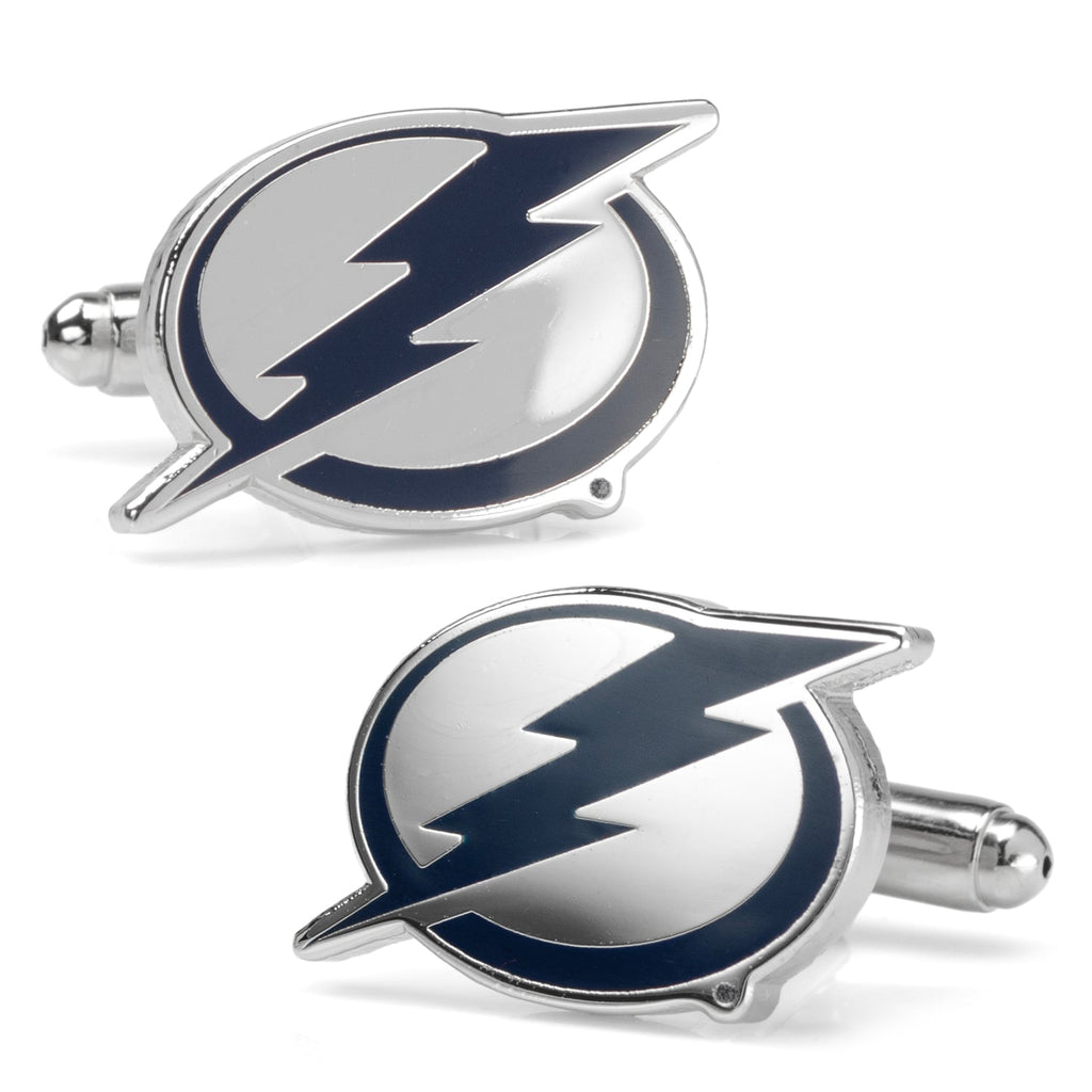 Close up of silver Tampa Bay Lightning NHL logo cufflinks on a white shirt cuff.