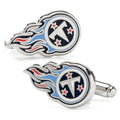 A pair of silver tone Tennessee Titans NFL logo cufflinks with blue, red, and white enamel details.