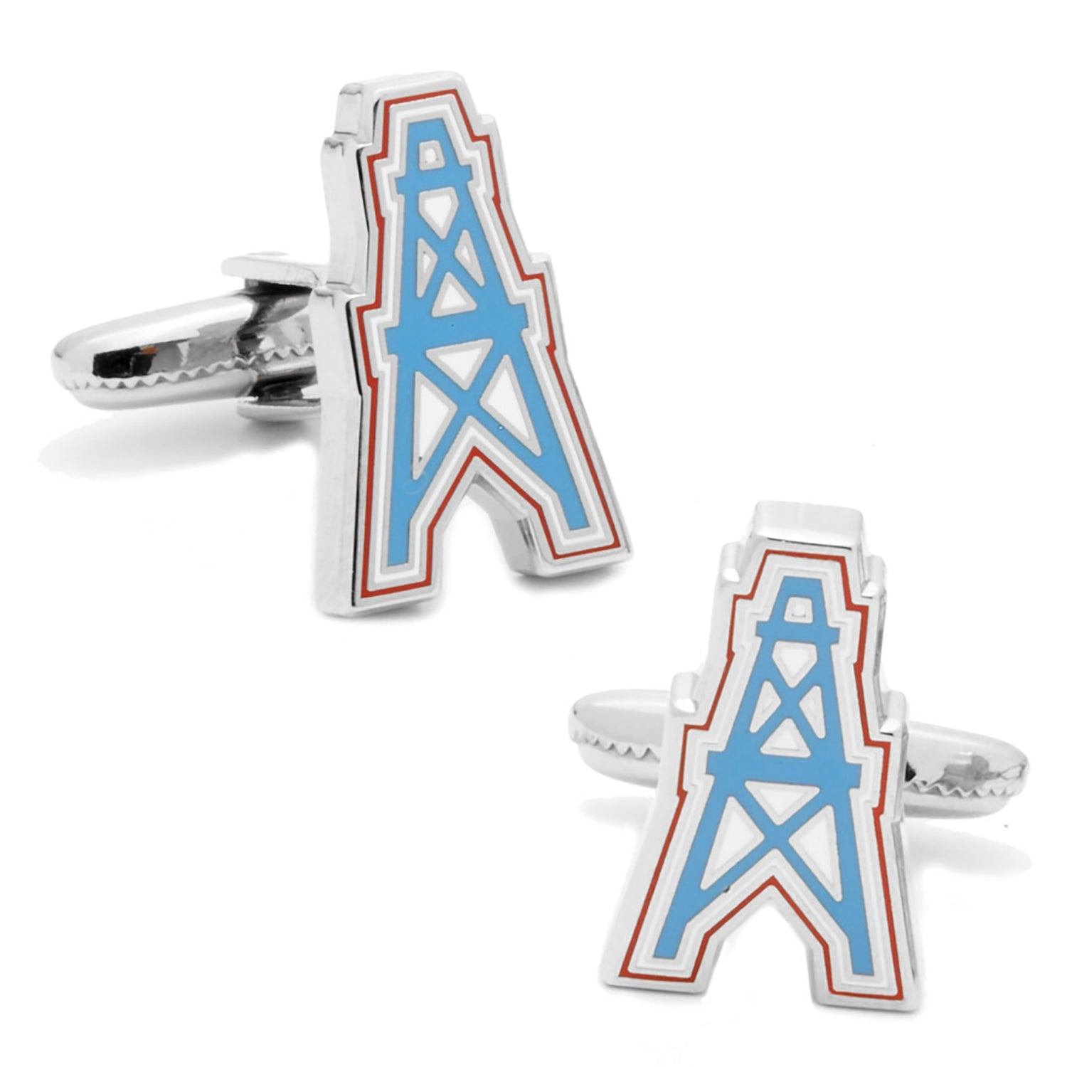 A pair of silver-tone Houston Oilers vintage logo cufflinks showing the iconic oil derrick design with light blue, red, and white enamel detailing.