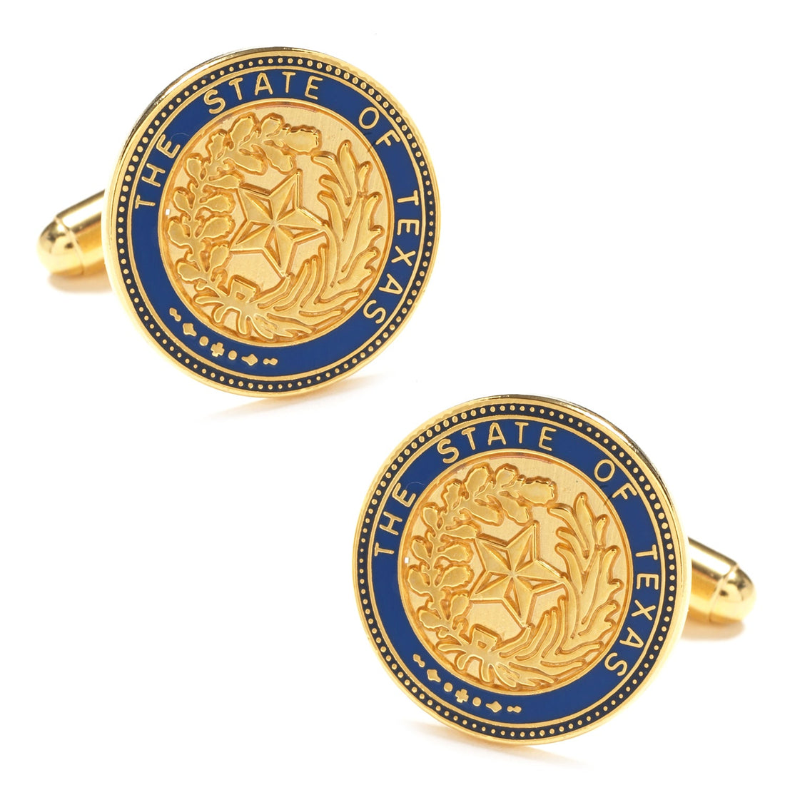 Close-up view of gold and blue circular State of Texas seal cufflinks