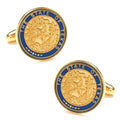 Close-up view of gold and blue circular State of Texas seal cufflinks