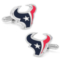 A pair of silver tone Houston Texans NFL logo cufflinks with blue, red, and white enamel detail.