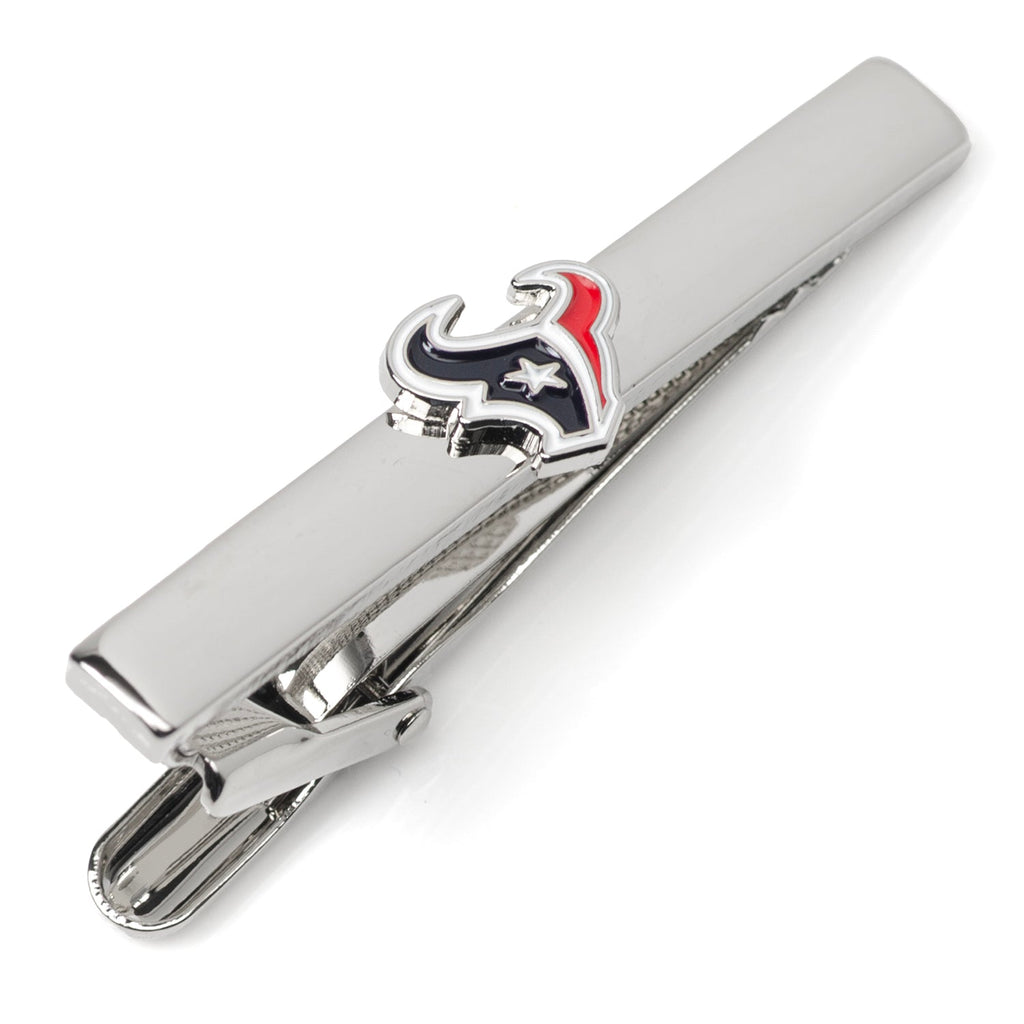 Silver plated Houston Texans NFL logo tie clip against a white background and on a black tie
