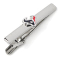 Silver plated Houston Texans NFL logo tie clip against a white background and on a black tie