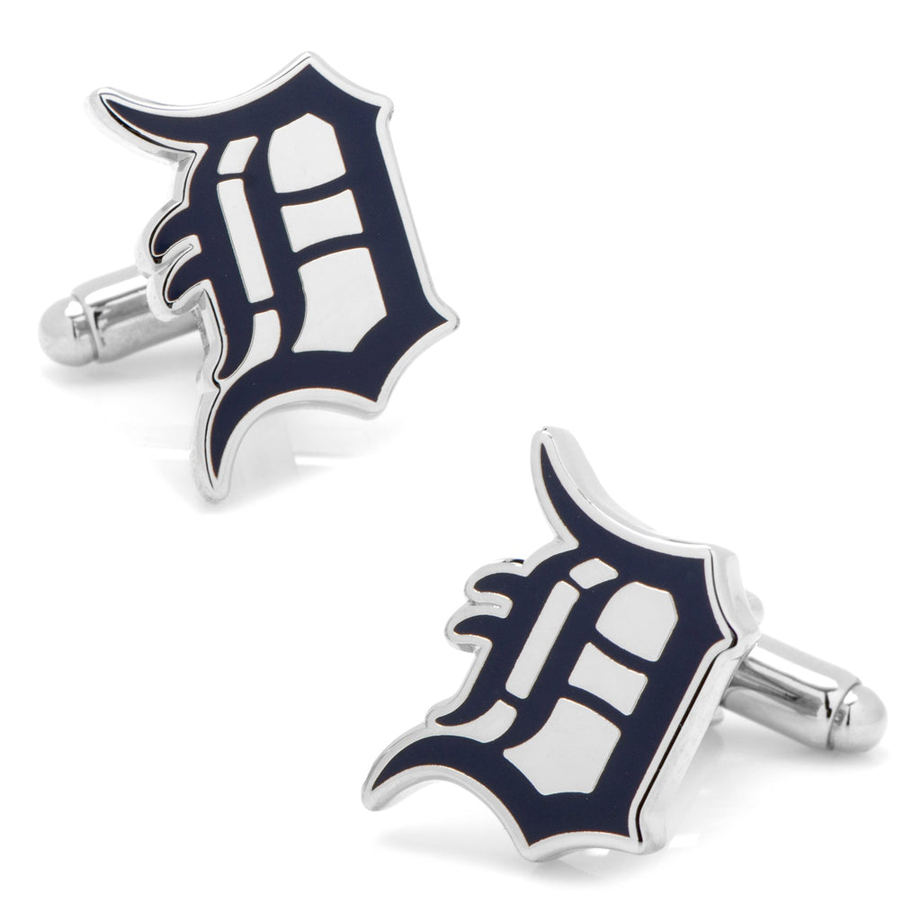 Detroit Tigers team logo cufflinks in silver tone metal with navy blue enamel detail.