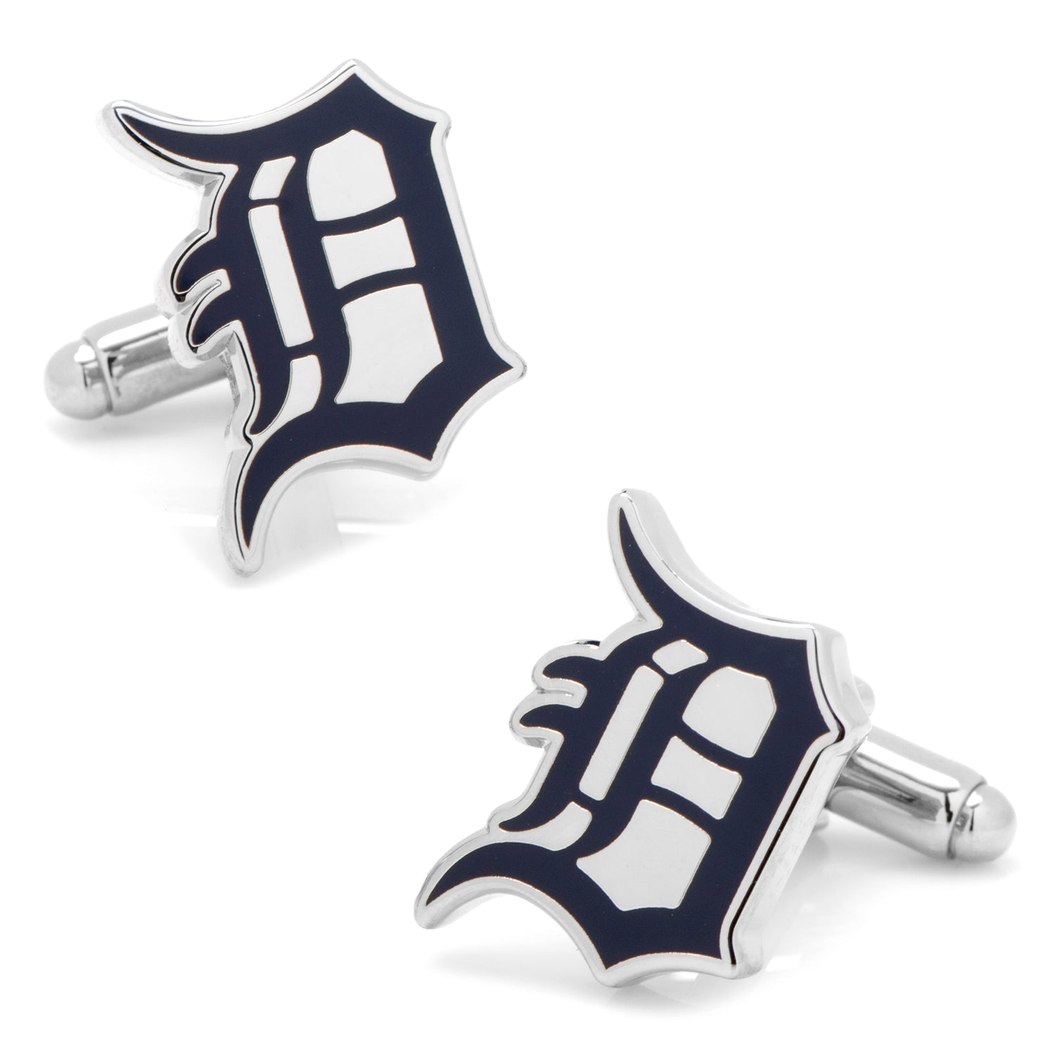 Detroit Tigers team logo cufflinks in silver tone metal with navy blue enamel detail.