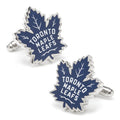 A pair of silver tone cufflinks featuring the blue Toronto Maple Leafs NHL team logo in enamel.
