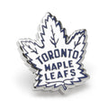 Close-up of the Toronto Maple Leafs throwback logo lapel pin in silver tone metal with blue and white enamel.