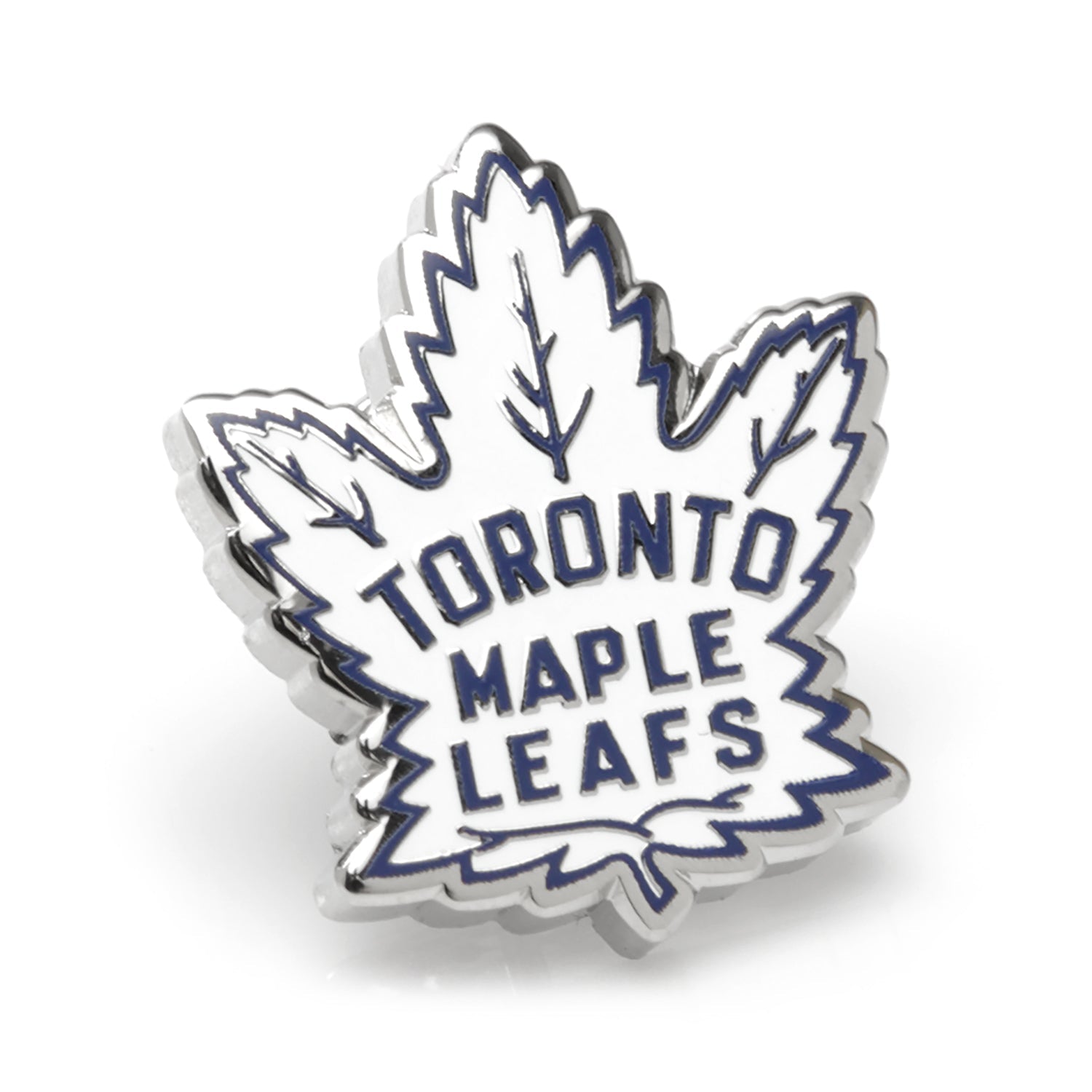 Close-up of the Toronto Maple Leafs throwback logo lapel pin in silver tone metal with blue and white enamel.