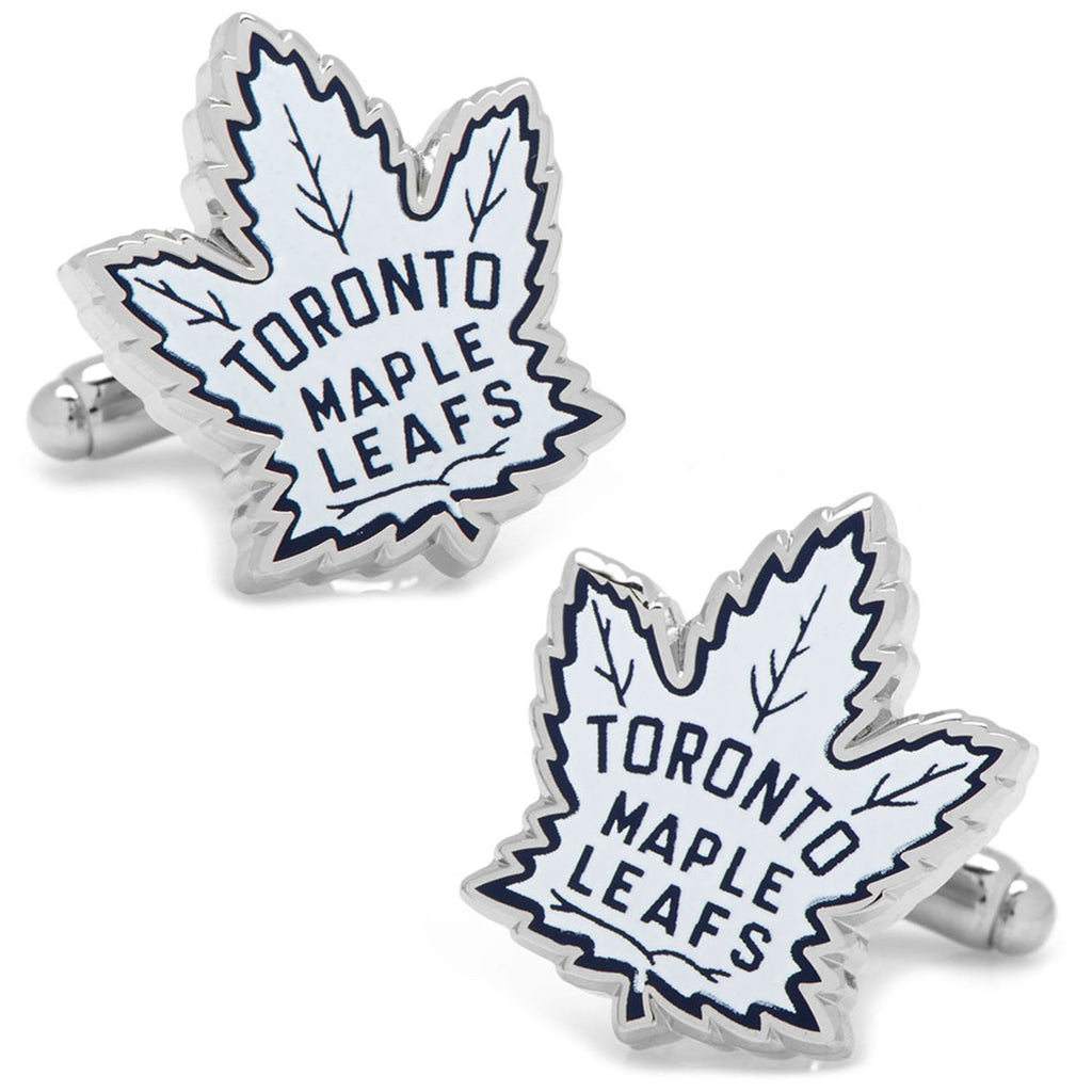 Close up of silver tone Toronto Maple Leafs hockey logo cufflinks.