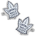 Close up of silver tone Toronto Maple Leafs hockey logo cufflinks.