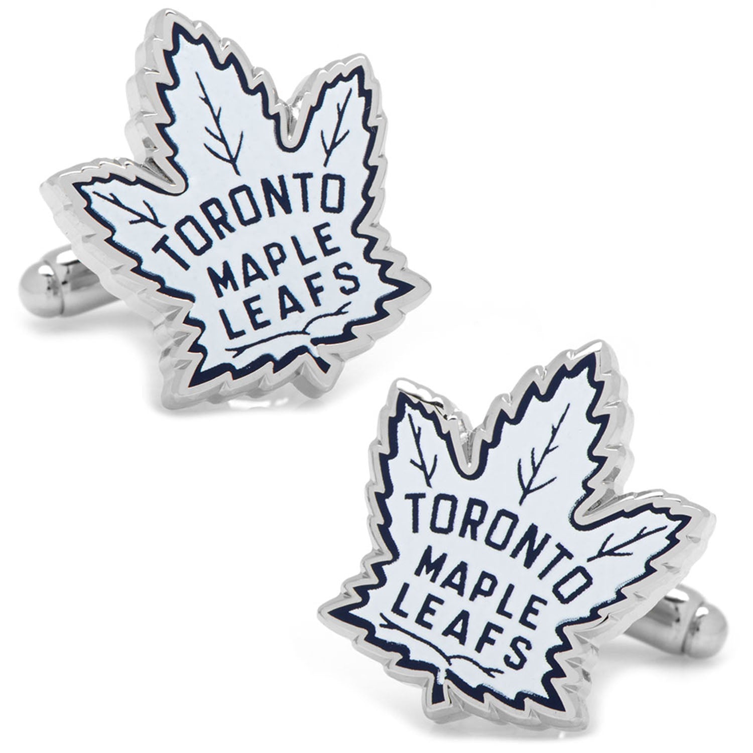 Close up of silver tone Toronto Maple Leafs hockey logo cufflinks.