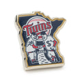 Minnesota Twins baseball lapel pin in the shape of Minnesota with Minnie and Paul mascot graphic.