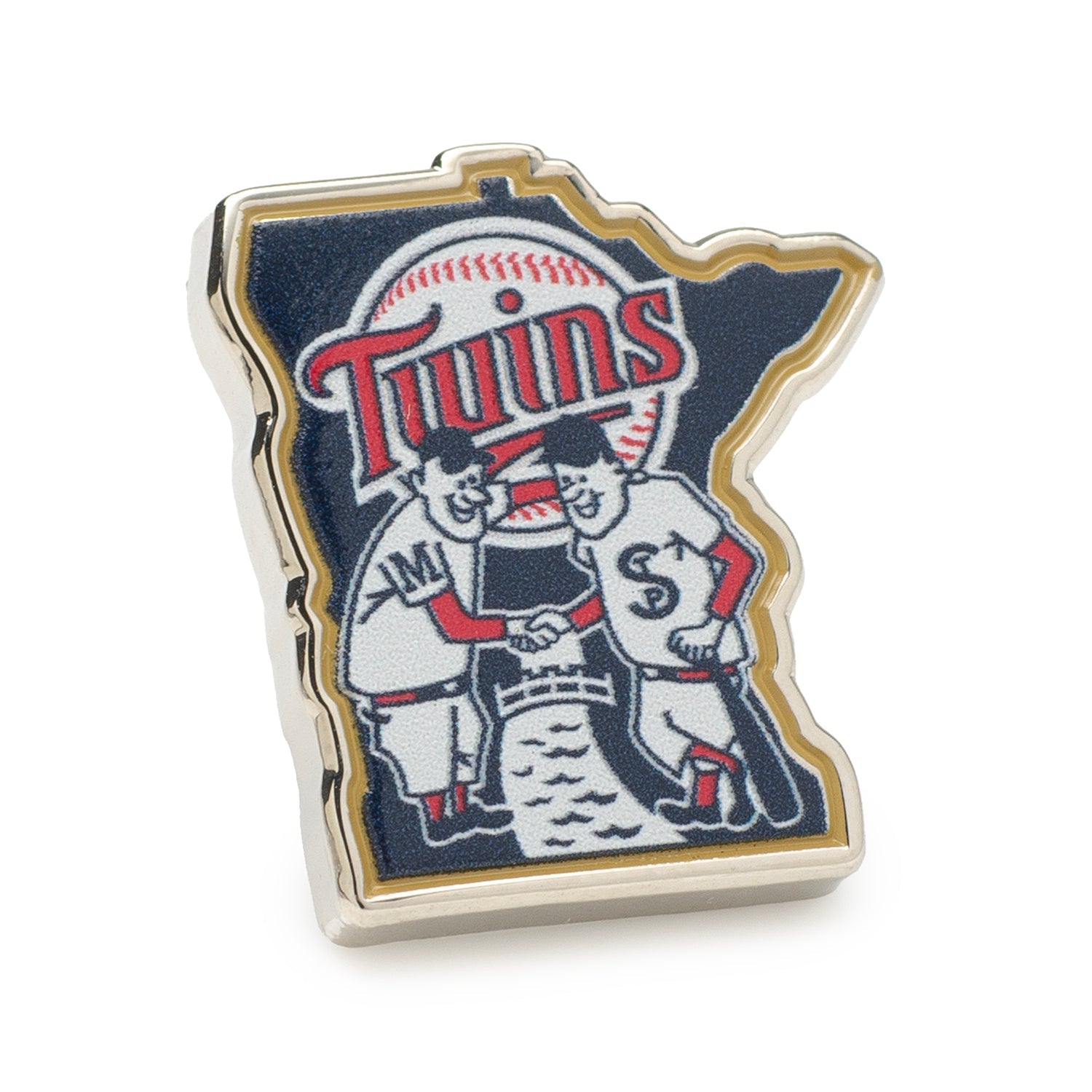 Minnesota Twins baseball lapel pin in the shape of Minnesota with Minnie and Paul mascot graphic.