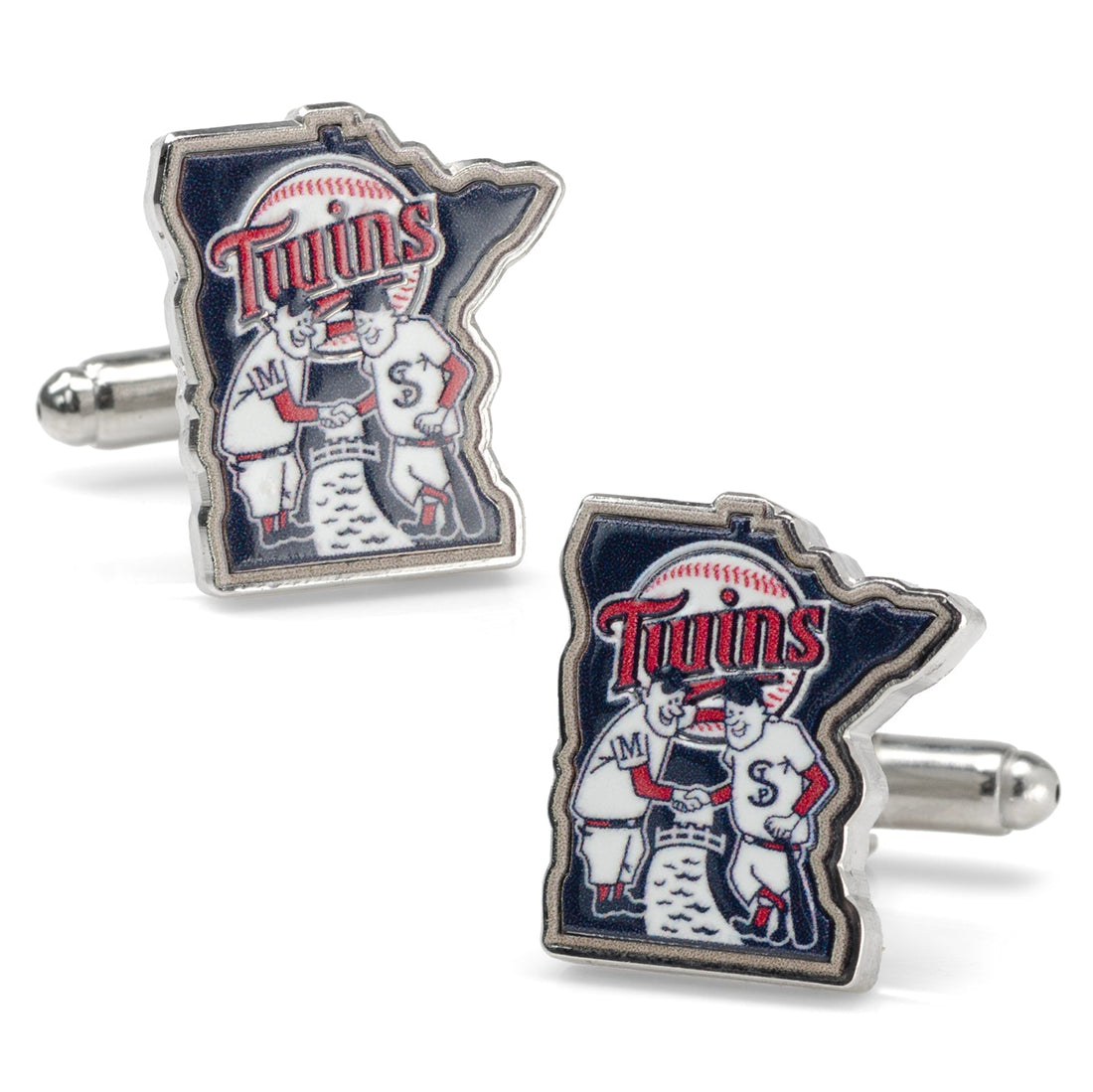 A pair of silver-tone Minnesota Twins cufflinks featuring the iconic Minnie and Paul mascot design inside the outline of Minnesota