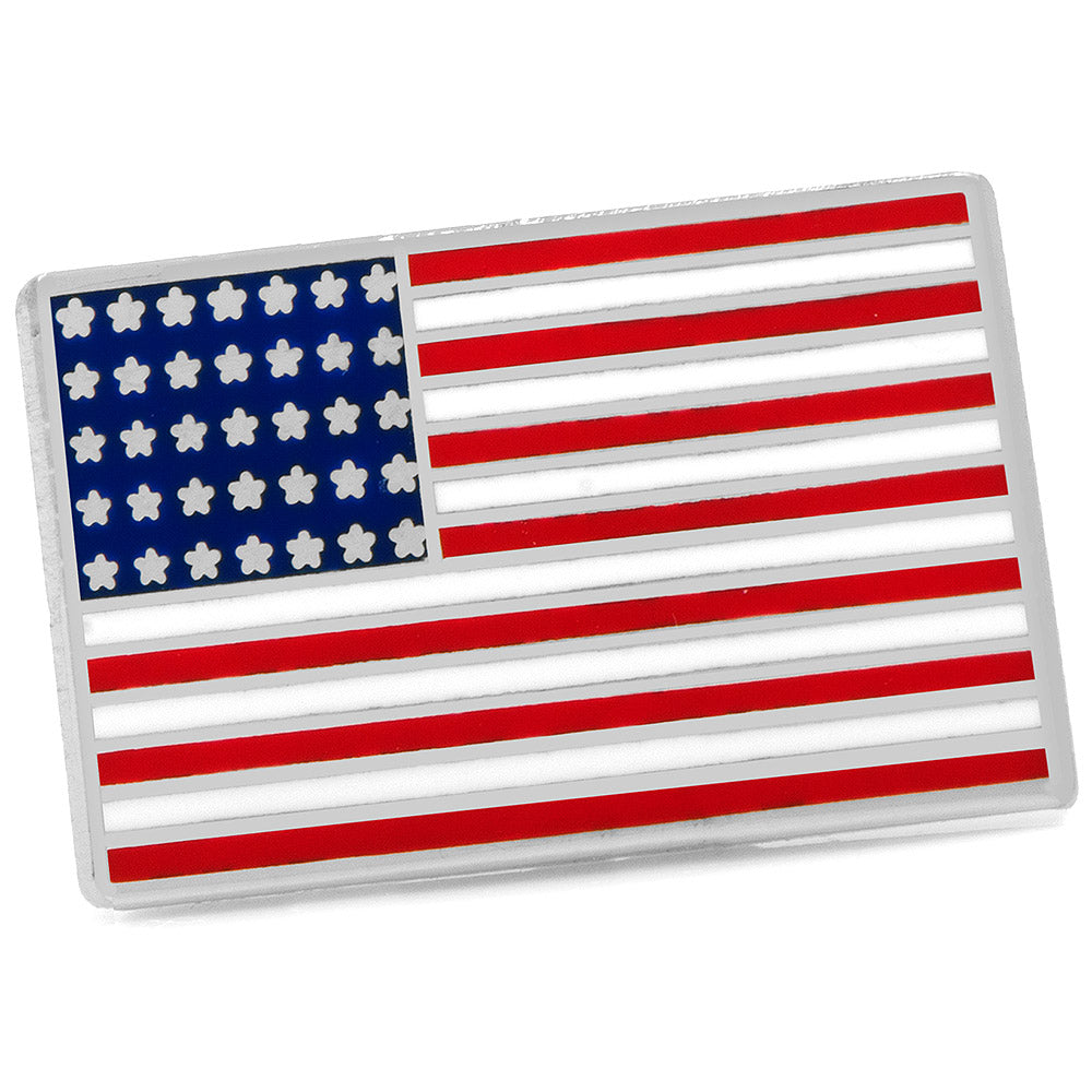 A close up of a rectangular American flag lapel pin with red, white, and blue enamel on a silver-tone metal base.