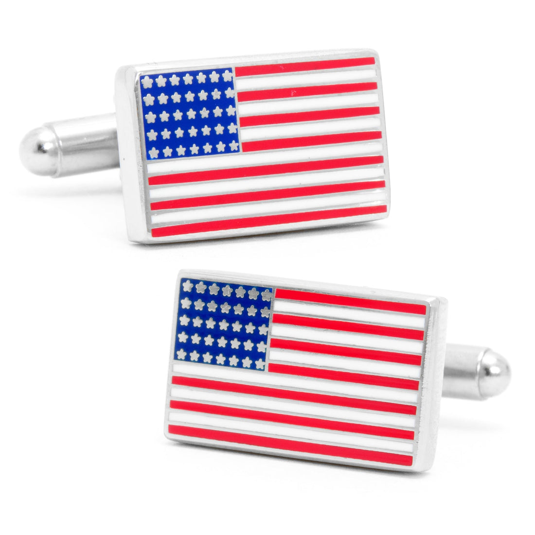 A pair of American Flag cufflinks with red, white, and blue enamel detailing on a silver-tone rectangular base.