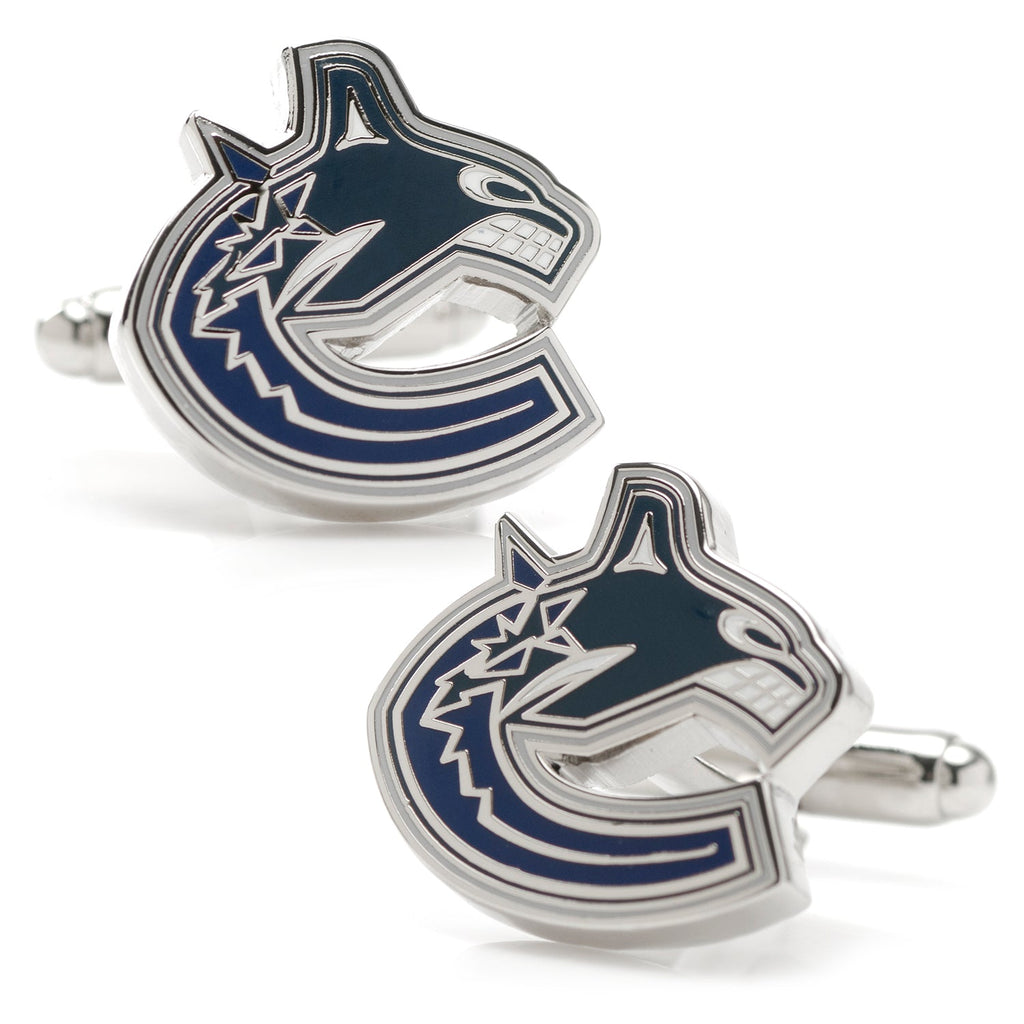 A pair of silver-tone metal cufflinks featuring the Vancouver Canucks NHL team logo in official colors.