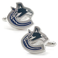 A pair of silver-tone metal cufflinks featuring the Vancouver Canucks NHL team logo in official colors.