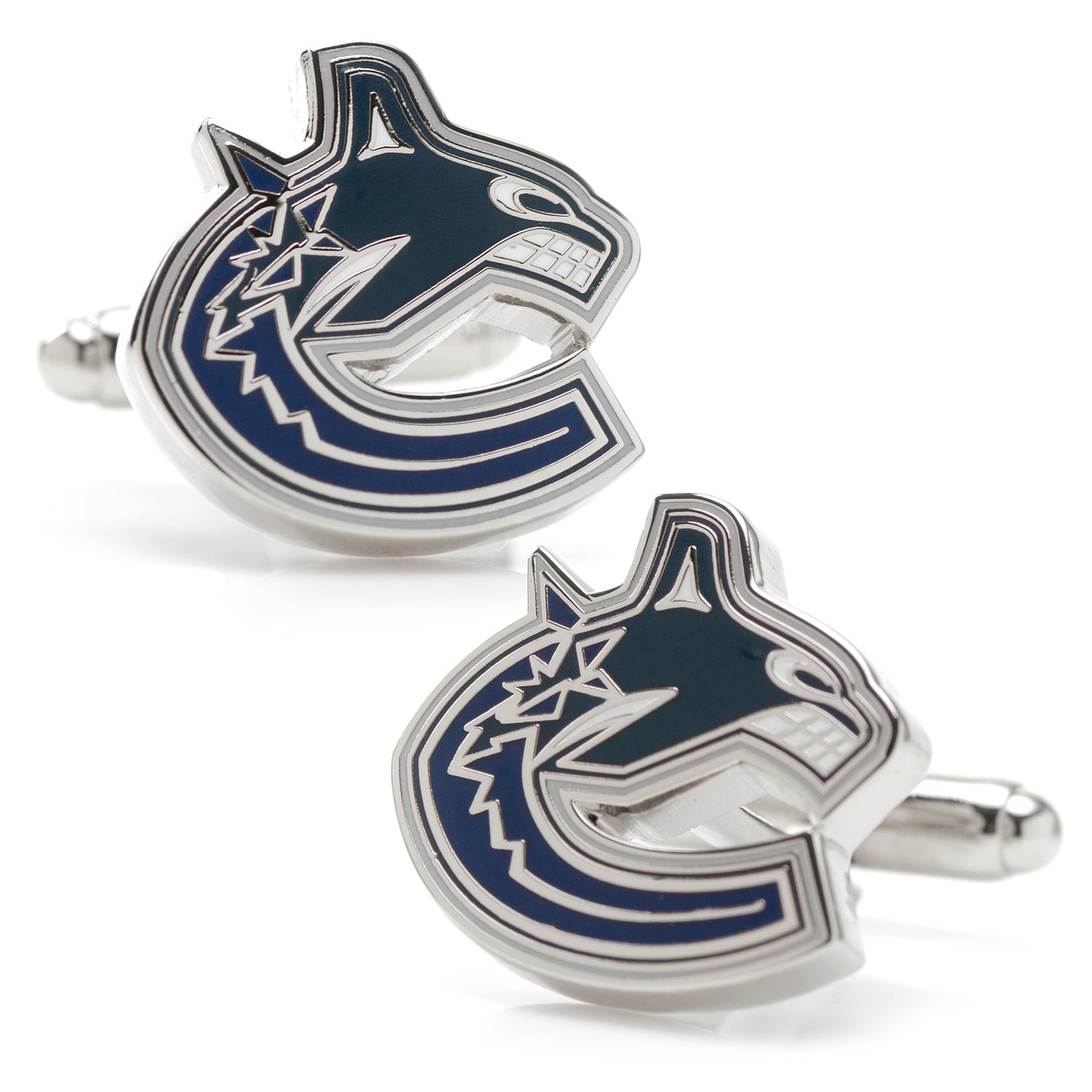 A pair of silver-tone metal cufflinks featuring the Vancouver Canucks NHL team logo in official colors.