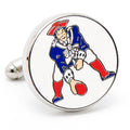 Close up of a round silver tone New England Patriots vintage logo enamel cufflink.