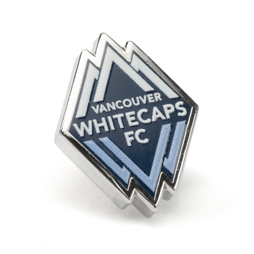 Close-up view of a silver plated Vancouver Whitecaps FC lapel pin featuring team logo and enamel colors on a grey blazer.