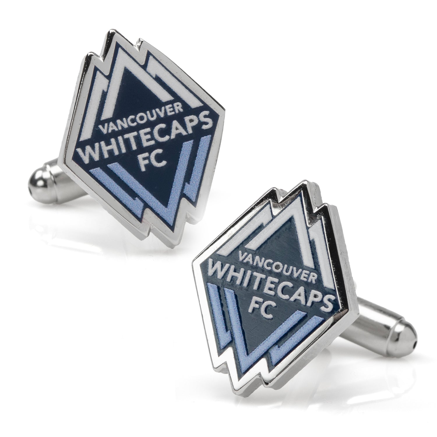 A pair of Vancouver Whitecaps FC logo cufflinks in silver plated metal and enamel against a white background.