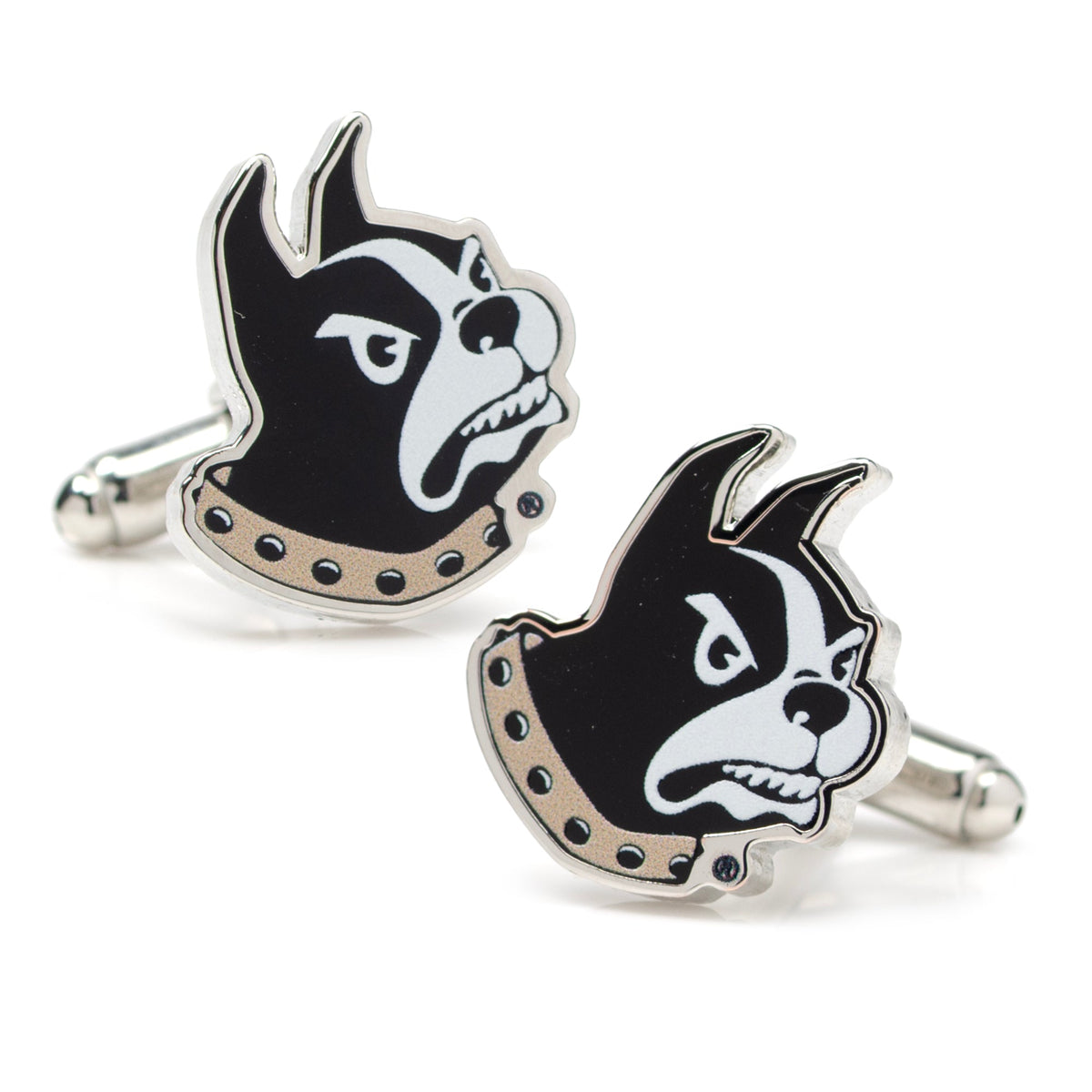 Wofford College Terrier mascot cufflinks in polished silver tone