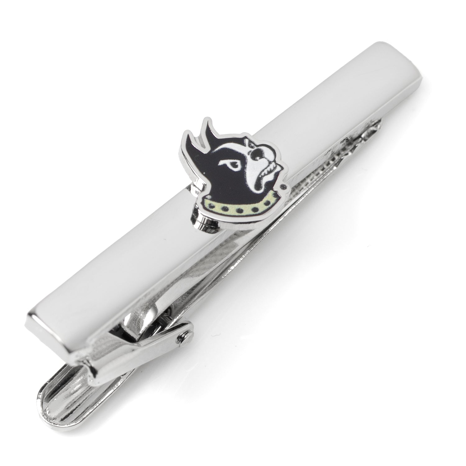 Close-up of Wofford College Terrier mascot silver-tone tie clip on a black necktie.